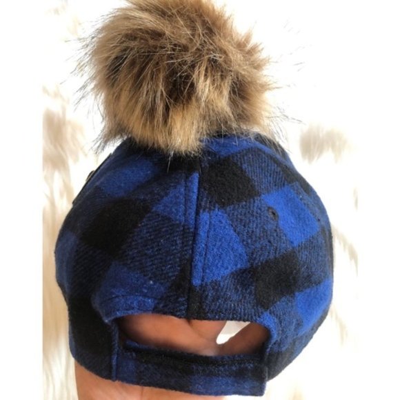 Angela & William Blue Black Plaid Fur Pom Pom Plaid Dad Wool Hat NWT main image 4